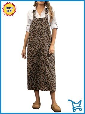 Women's Leopard Print Long Denim Overall Dress Adjustable Straps Jean Jumper